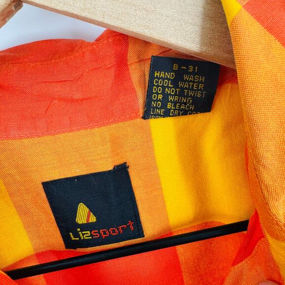 Vintage Liz Sport Rayon Button Down Orange Yellow Plaid Shirt Size Small Farm - Picture 3 of 6
